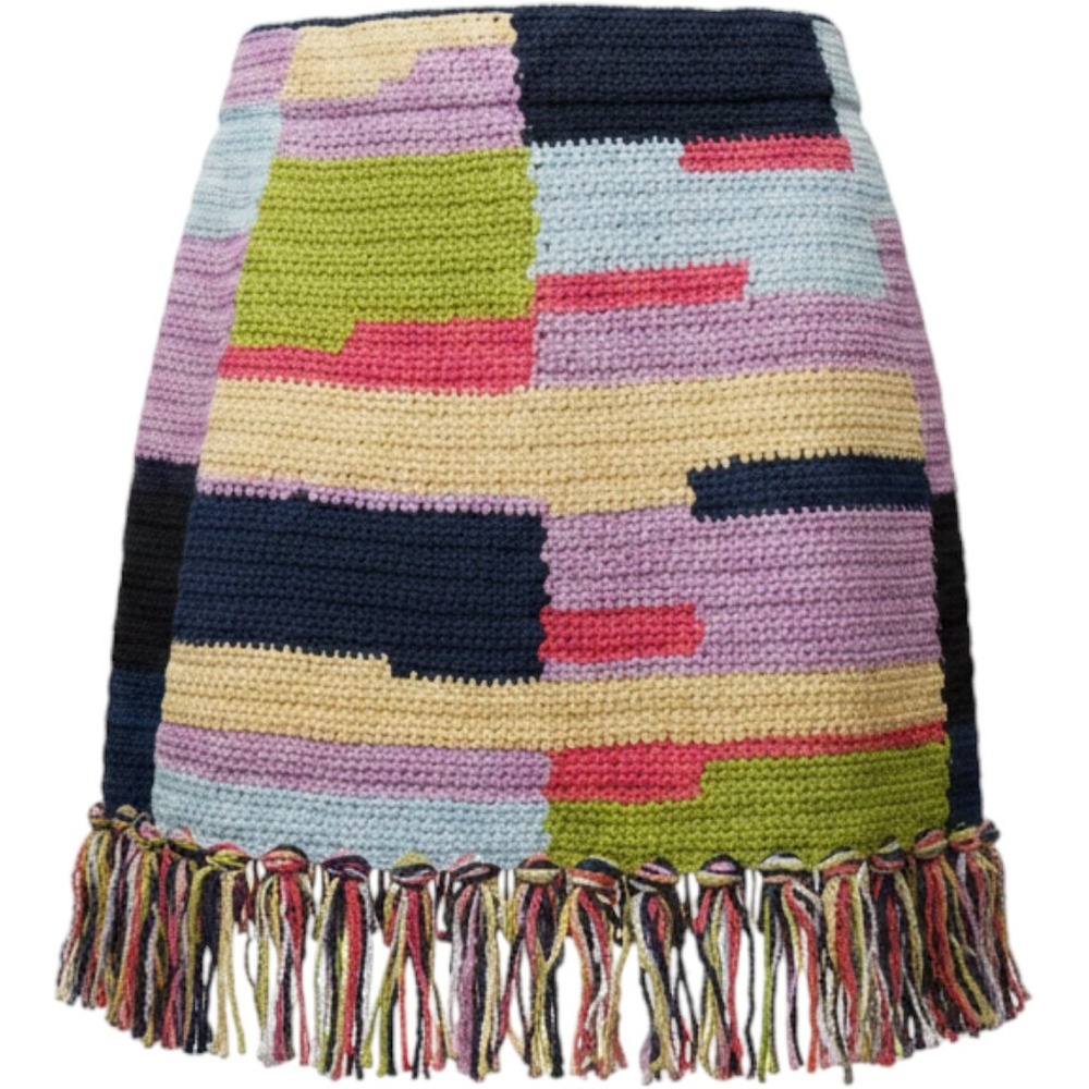The Elder Statesman Crochet Patchwork Mini Skirt Multicolor Fringed Cotton M/L